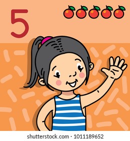 Girl showing five by hand. Counting education card