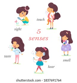 Girl showing five senses set. Sense of sight, touch, hear, smell, taste vector illustration. Small happy child in nature and exploring wonders of spring. Joyful education at childhood.