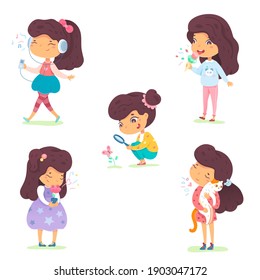 Girl showing five senses set. Sense of sight, touch, hear, smell, taste vector illustration. Small happy child in nature and exploring wonders of spring. Joyful education at childhood.