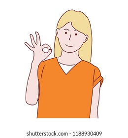 Girl is showing a gesture Okay, Ok sign. Hand drawn style doodle design illustration
