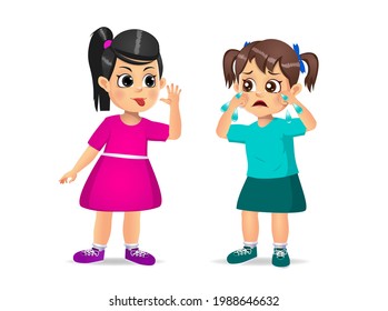 girl showing grimace face to girl until she cry. isolated on white background