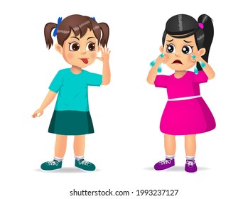girl showing grimace face to girl until she cry. isolated on white background