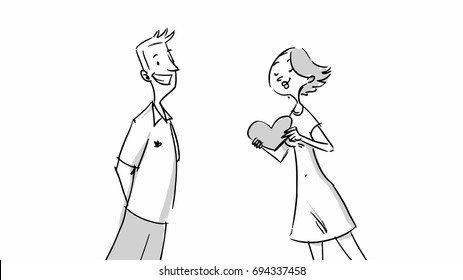 Girl showing a heart to her lover. Vector sketch for cartoon, storyboard,