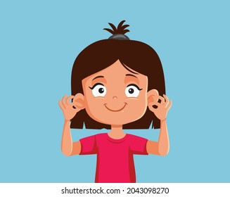 Girl Showing Her Ears Vector Cartoon Illustration. Toddler learning about different body parts and senses developing her language
