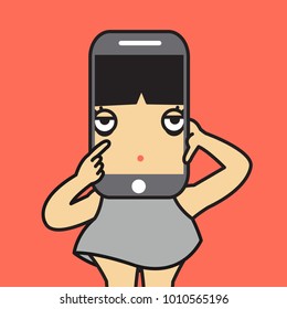 Girl Showing Her Head Is In The Cell Phone. Concept Of Mobile Mania Card Character illustration