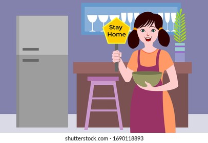 Girl showing home placard, stay home stay safe concept