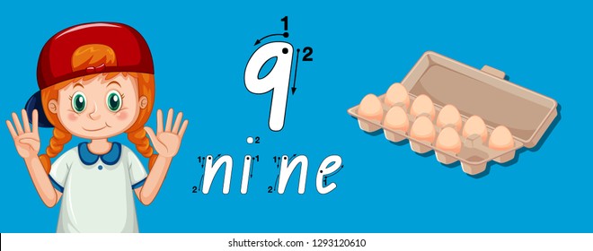 Girl showing how to write number nine illustration