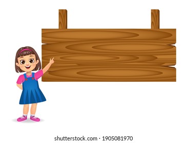 girl showing index finger to a blank wooden board 