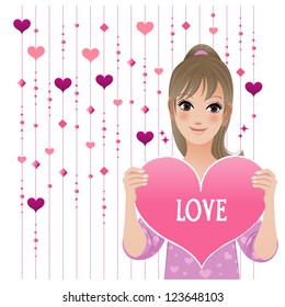 Girl showing loving heart on  beaded curtain background.Vector, EPS10 file. Gradients, blending tool, transparency used.