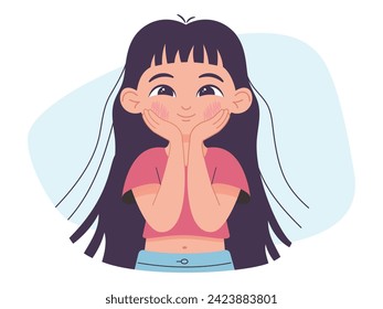 Girl showing mercy, cute child look, vector illustration