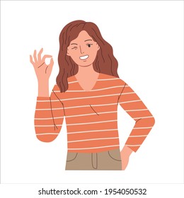 Girl showing ok gesture and winking. Female character with positive gesture. Hand drawn vector colorful funny cartoon style illustration