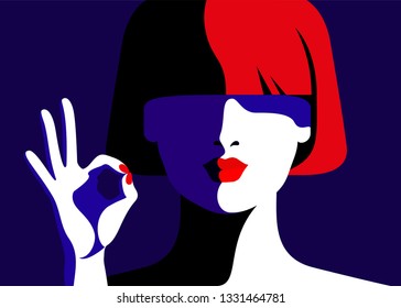 Girl showing ok sign. Abstract female close-up portrait. Vector illustration