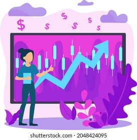 Girl showing on the graph the growth of products on the diagram with a beautiful background with clouds and flying dollars
