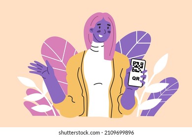 Girl is showing phone screen with QR code certificate. Floristic decor on background. Identification control. Medical status check point. Flat style in vector illustration.