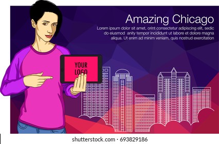 The girl is showing and poiting the tablet PC screen. Vector illustration for a web banner template, presentation, hackathon, workshop. Vector building of Chicago city.