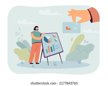 Girl showing presentation with diagrams flat vector illustration. Human hand giving card with image or giving advice. Business, help, suggestion concept for banner, website design or landing web page