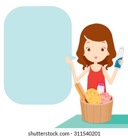 Girl showing product and talking with bubble for texts, speech, beauty, bathroom stuffs, objects
