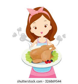 Girl Showing Roast Chicken On Dish, Kitchen, Ware, Crockery, Cooking, Food, Bakery, Occupation, Lifestyle