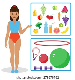 Girl showing a set of products for healthy diet and a set of equipment for fitness.