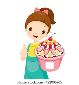 Girl Showing Shave Ice With Topping, Summer, Frozen Food, Eating, Icy