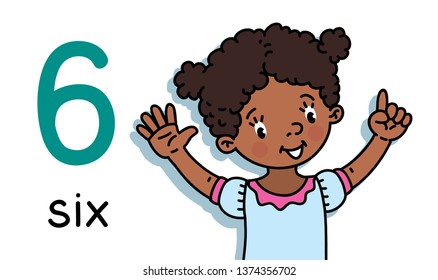 Girl showing six by hand Counting education card 6