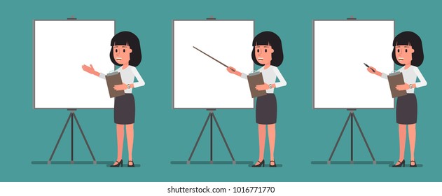 The girl is showing a slide presentation. Vector illustration. Suitable for animation (individual segments)