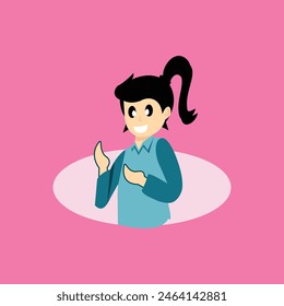 Girl showing thumbs up illustration in flat cartoon style on pink background. Illustration of a young girl. Design elements with a children's theme