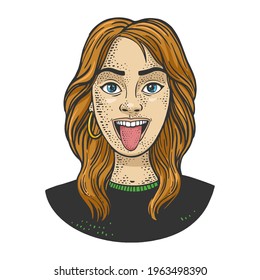 girl showing tongue color sketch engraving vector illustration. T-shirt apparel print design. Scratch board imitation. Black and white hand drawn image.