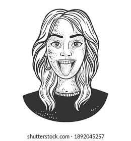 girl showing tongue sketch engraving vector illustration. T-shirt apparel print design. Scratch board imitation. Black and white hand drawn image.