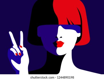 Girl showing victory sign. Abstract female close-up portrait. Vector illustration