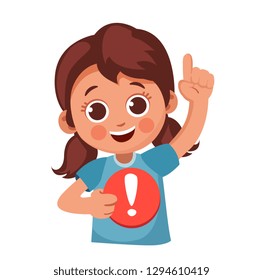girl shows an exclamation point, raised her hand up, attracting attention.