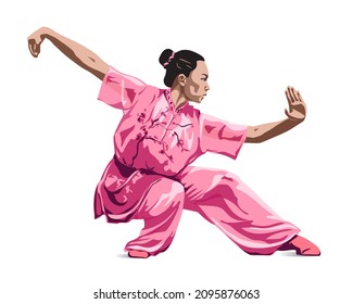 The girl shows the exercise the pose of wushu kung fu colored silhouette. Vector illustration