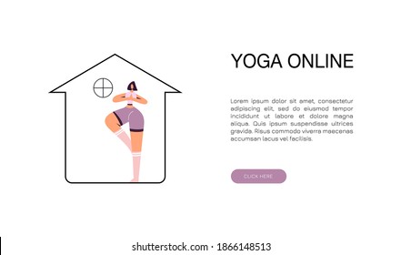 Girl Shows exercises at home. Yoga online classes. Flat vector illustration.