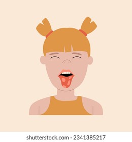 The girl shows the geographical tongue. Symptom of stomatitis, candidiasis, allergies. Vector illustration in flat style