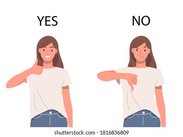 The girl shows with hand gestures: yes or no, good or bad. Vector isolated illustration in flat style. Choice concept.