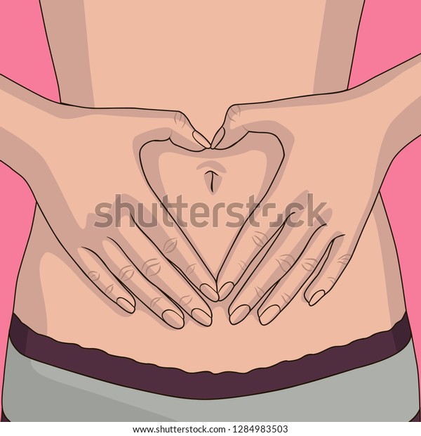 Girl shows a hand making heart symbol at belly\
level. Hands shape heart and belly. Pregnant girl. Future mom. Card\
\