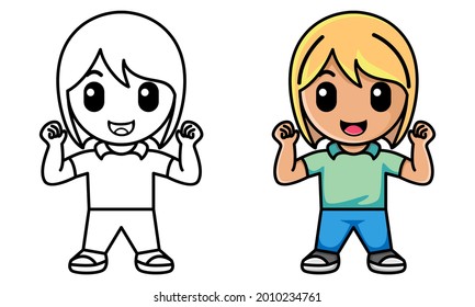 girl shows her biceps coloring page for kids