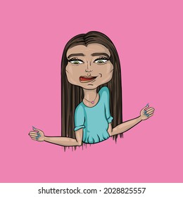 The girl shows her tongue. She spread her arms, long hair. Having fun, in a good mood