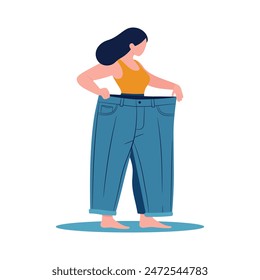 The girl shows how she lost weight. Diet, weight loss, slimming concept. Slim waist of young woman showing her old jeans after successful diet. Vector illustration isolated on white. 