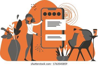 Girl shows how to use the application. Chat is open on your mobile device. A dog is sitting on a chair. Around the plant. Product Presentation. How is the correspondence.