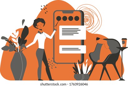 Girl shows how to use the application. Chat is open on your mobile device. A dog is sitting on a chair. Around the plant. Product Presentation. How is the correspondence.