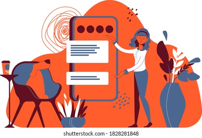 Girl shows how to use the application. Chat is open on your mobile device. A dog is sitting on a chair. Around the plant. Product Presentation. How is the correspondence.
