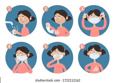 A girl shows how to wear a facial single-use medical mask. Cartoon hand-drawn instructions. Icons isolated on white background.