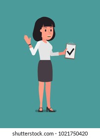 The girl shows a mark about the task. Vector illustration. Suitable for animation (individual segments)