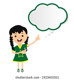 Girl shows the message in the speech bubble