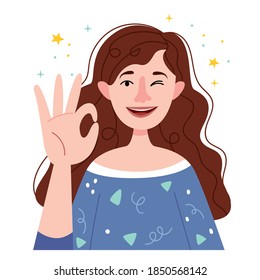 
The girl  shows okay sign and winks  .Good job.Approve hand symbol. Simple illustration.