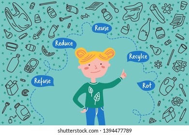 Girl shows on Refuse Reduce Reuse Recycle Rot text. Concept  protect the earth from plastic and debris. Environmental protection, ecology, cleanliness, zero waste. Vector illustration