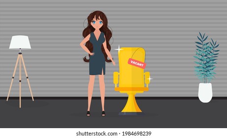 Girl shows on a vacant place. Gold cup in the shape of an office chair. The concept of open work. Vector.