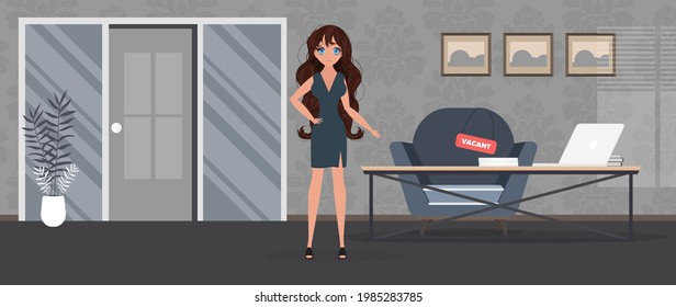 Girl shows on a vacant place. Gold cup in the shape of an office chair. The concept of open work. Vector.