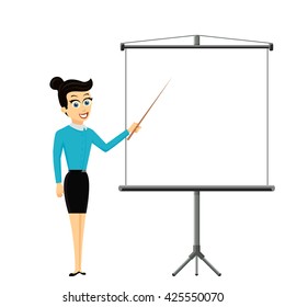 Girl shows pointer on white billboard with empty space. Business presentation. Stock vector illustration.